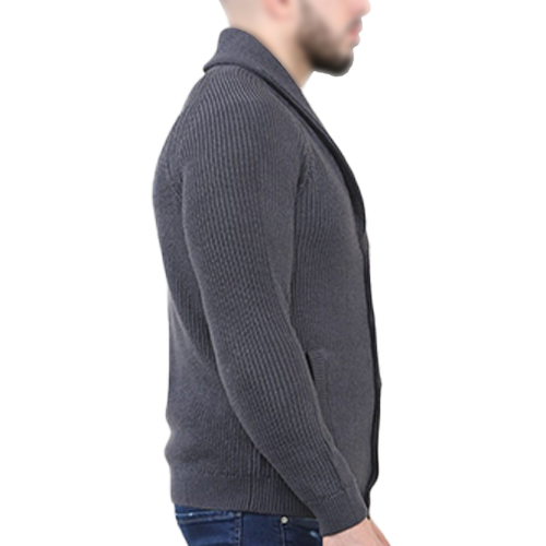 1B191821d Charcoal Shawl Neck Button Up Half Stitch Cardigan