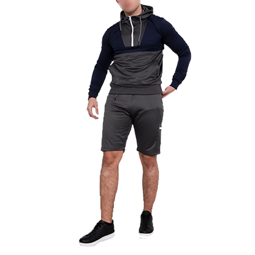 Grey Two Tone Half Zip Hooded Short Set