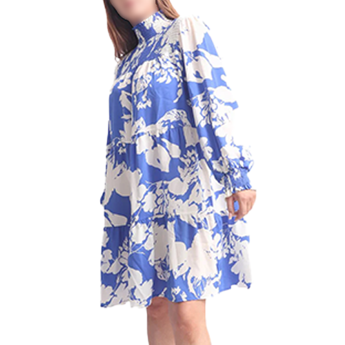 30326409-CN0121b Abstract Leaf Print Shirred Neck Dress